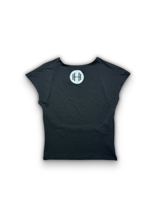 T shirt Femme noir dos ouvert nu avec le logo effet pailleté de Face 